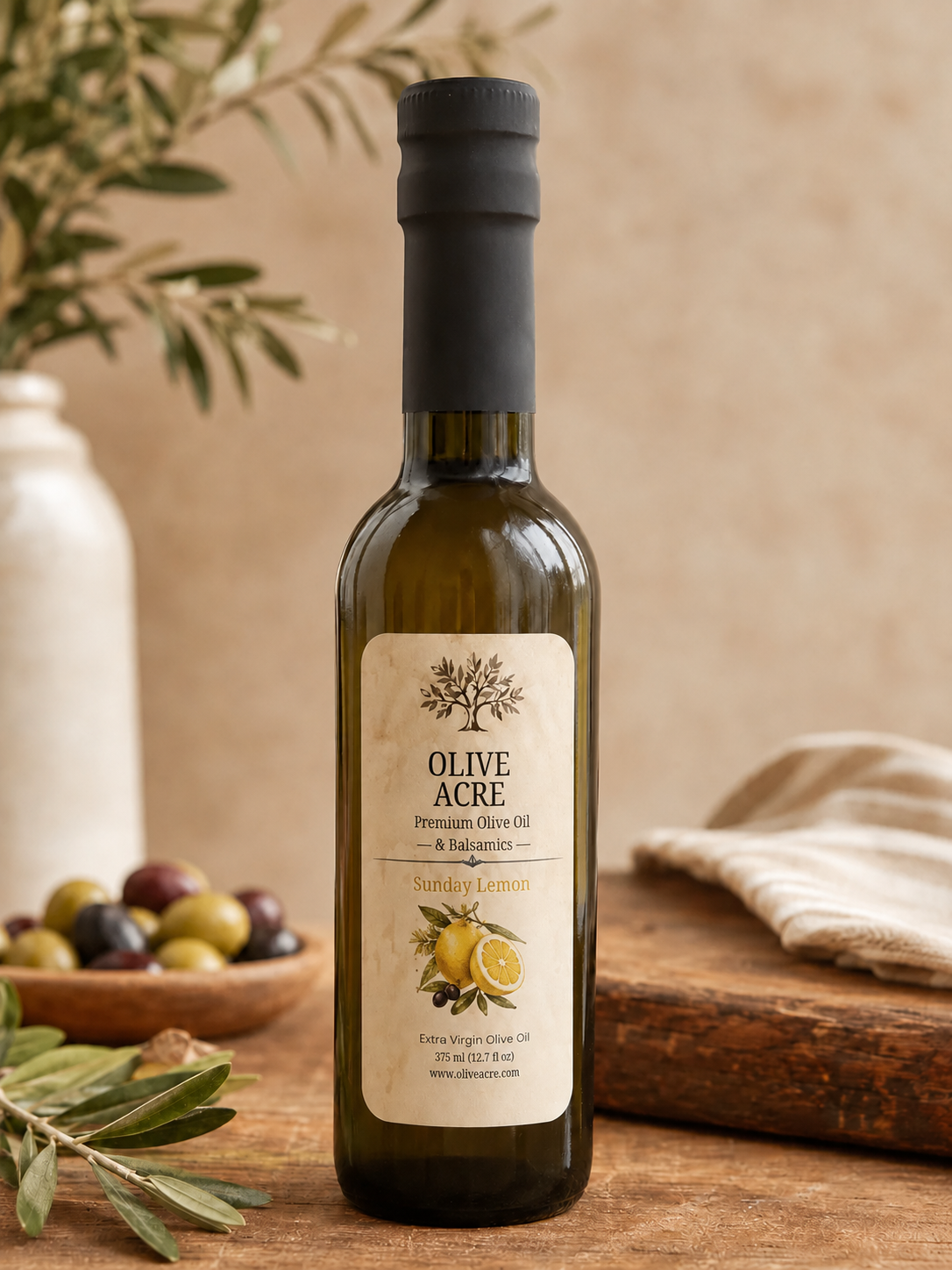 Olive Acre lemon olive oil bottle with Sunday Lemon label
