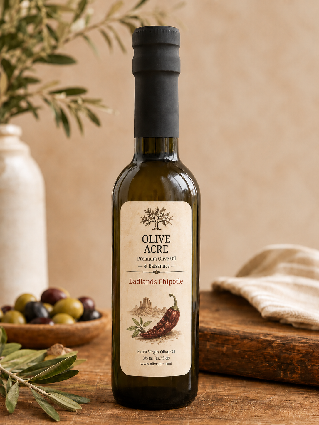 Olive Acre chipotle olive oil bottle with Badlands Chipotle label