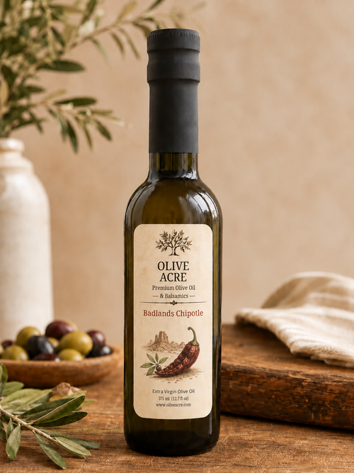 Olive Acre chipotle olive oil bottle with Badlands Chipotle label