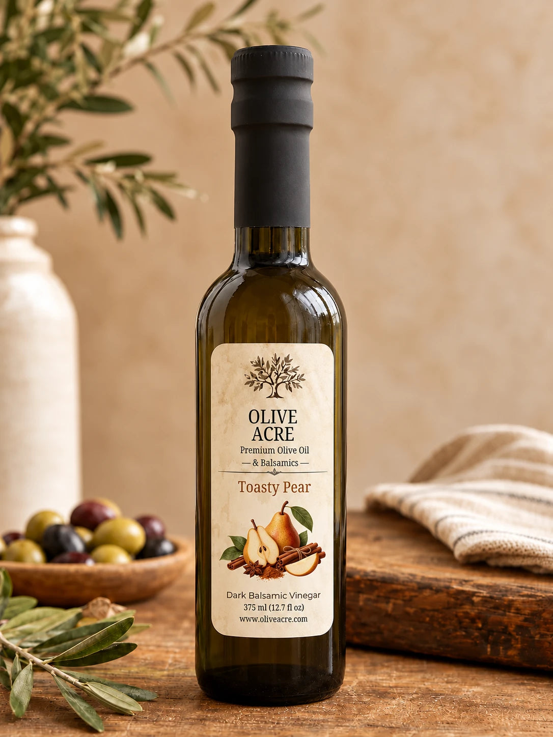 Olive Acre Toasty Pear dark balsamic vinegar bottle