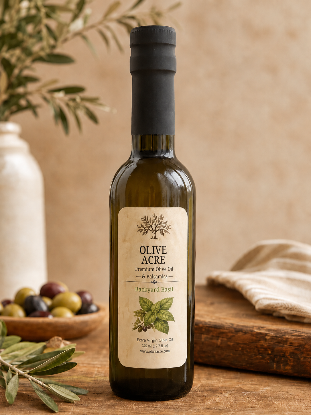 Olive Acre Backyard Basil extra virgin olive oil bottle